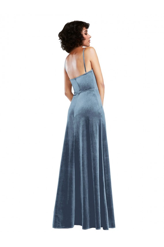 Sem Mangas Decote Capuz Veludo Elástico Azul Empoeirado Comprimento Chão Bainha Vestidos de Madrinha / Vestidos de Festa Mais Barato