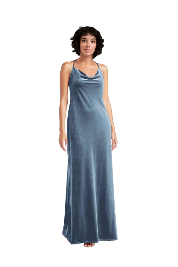Sem Mangas Decote Capuz Veludo Elástico Azul Empoeirado Comprimento Chão Bainha Longo Vestidos de Madrinha / Vestidos de Festa Mais Barato