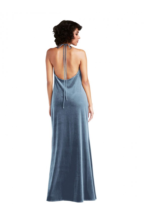 Sem Mangas Decote Capuz Veludo Elástico Azul Empoeirado Comprimento Chão Bainha Longo Vestidos de Madrinha / Vestidos de Festa Mais Barato