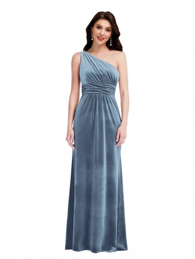 Sem Mangas Fora do Ombro Veludo Elástico Azul Empoeirado Comprimento Chão Vestidos de Madrinha / Vestidos de Festa Mais Barato