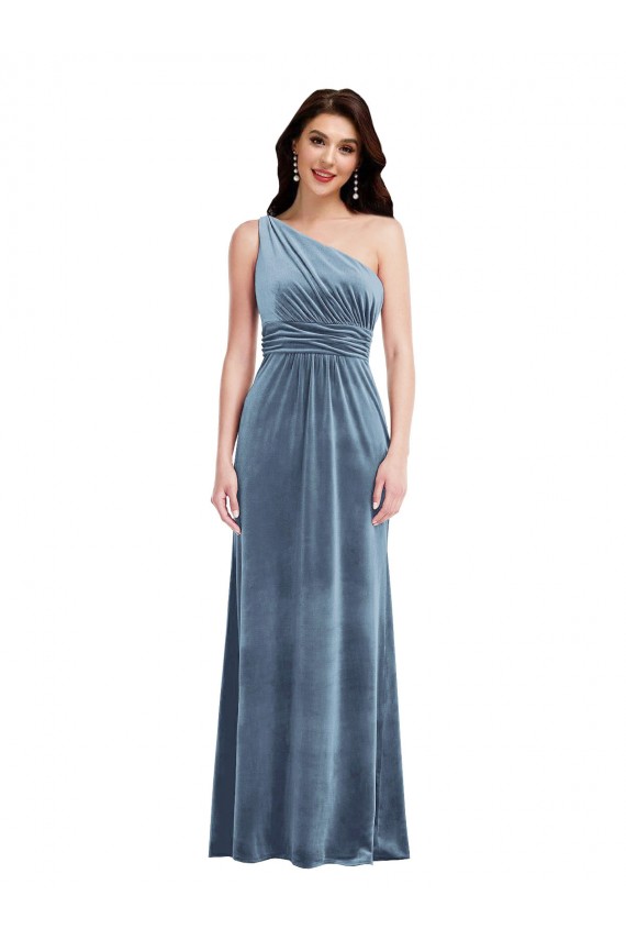 Sem Mangas Fora do Ombro Veludo Elástico Azul Empoeirado Comprimento Chão Vestidos de Madrinha / Vestidos de Festa Mais Barato