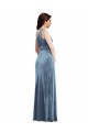 Sem Mangas Fora do Ombro Veludo Elástico Azul Empoeirado Comprimento Chão Vestidos de Madrinha / Vestidos de Festa Mais Barato