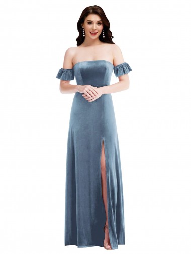 Mangas Folhos Fora do Ombro Veludo Elástico Azul Empoeirado Comprimento Chão Vestidos de Madrinha / Vestidos de Festa Mais Barato