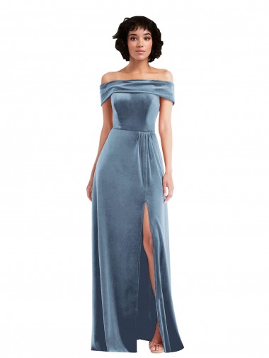 Sem Mangas Fora do Ombro Veludo Elástico Azul Empoeirado Comprimento Chão Longo Vestidos de Madrinha / Vestidos de Festa Mais Barato