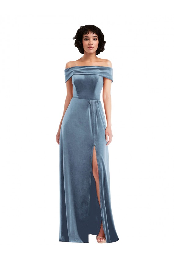 Sem Mangas Fora do Ombro Veludo Elástico Azul Empoeirado Comprimento Chão Longo Vestidos de Madrinha / Vestidos de Festa Mais Barato