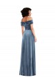 Sem Mangas Fora do Ombro Veludo Elástico Azul Empoeirado Comprimento Chão Longo Vestidos de Madrinha / Vestidos de Festa Mais Barato