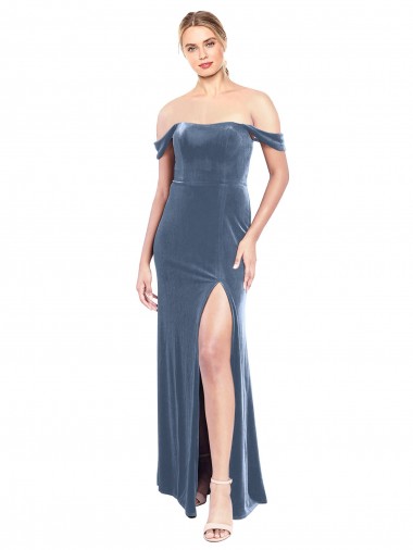 Sem Mangas Sem alças Veludo Elástico Azul Empoeirado Comprimento Chão Vestidos de Madrinha / Vestidos de Festa Mais Barato