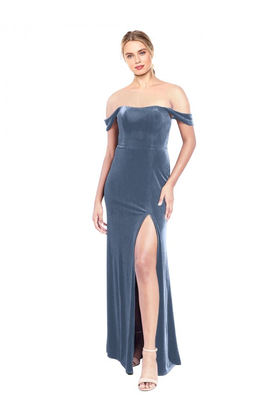 Sem Mangas Sem alças Veludo Elástico Azul Empoeirado Comprimento Chão Vestidos de Madrinha / Vestidos de Festa Mais Barato