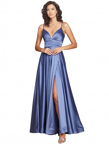 Sem Mangas Amor Cetim Sedoso Azul Francês Comprimento Chão Vestidos de Madrinha / Vestidos de Noite / Vestidos de Festa Mais Barato