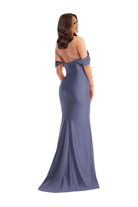 Sem Mangas Fora do Ombro Cetim Sedoso Azul Francês Comprimento Chão Vestidos de Madrinha / Vestidos de Noite / Vestidos de Festa Mais Barato