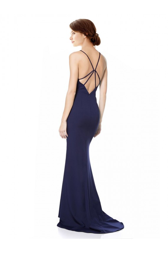 Sem Mangas Decote Alto Crepe Esticado Azul Marinho Comprimento Chão Vestidos de Madrinha / Vestidos de Noite / Vestidos de Festa Mais Barato
