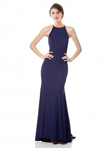 Sem Mangas Decote Alto Crepe Esticado Azul Marinho Comprimento Chão Sereia Vestidos de Madrinha / Vestidos de Noite / Vestidos de Festa Mais Barato
