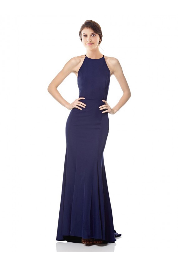 Sem Mangas Decote Alto Crepe Esticado Azul Marinho Comprimento Chão Sereia Vestidos de Madrinha / Vestidos de Noite / Vestidos de Festa Mais Barato