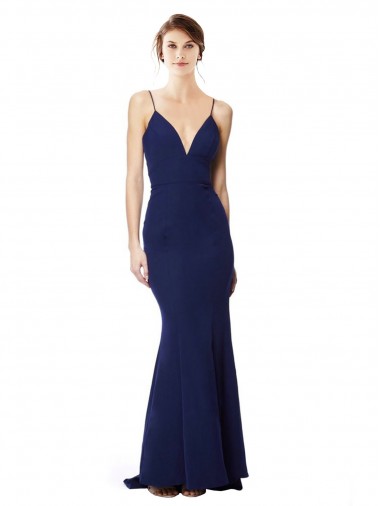 Sem Mangas Decote Alto Crepe Esticado Azul Marinho Comprimento Chão Longo Vestidos de Madrinha / Vestidos de Noite / Vestidos de Festa Mais Barato