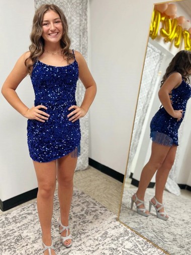 Sem Mangas Alças finas Lantejoulas Veludo Azul Real Curto Vestidos de Festa Mais Barato