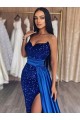 Sem Mangas Amor Lantejoulas Veludo Azul Real Comboio Varredela Vestidos de Festa Mais Barato