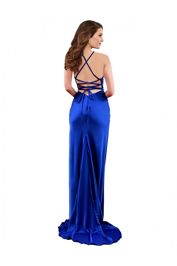Sem Mangas Decote Capuz Cetim Sedoso Azul Real Comprimento Chão Vestidos de Madrinha / Vestidos de Noite / Vestidos de Festa Mais Barato