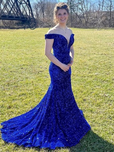 Sem Mangas Fora do Ombro Lantejoulas Veludo Azul Real Comboio Varredela Vestidos de Festa Mais Barato