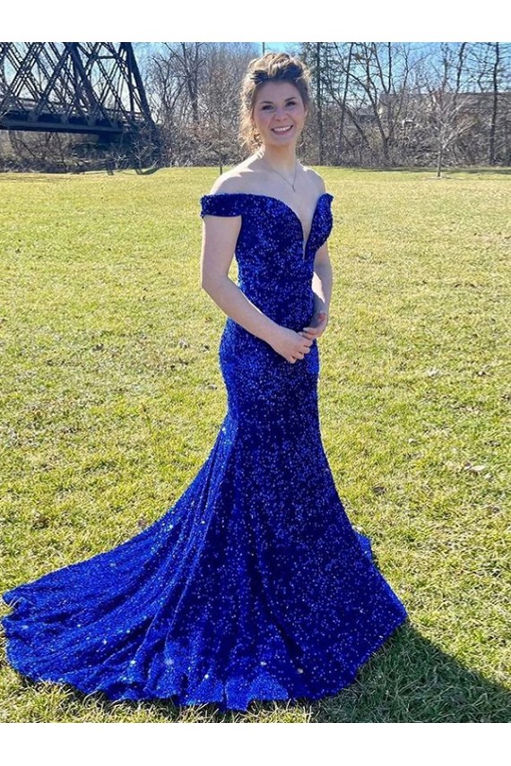 Sem Mangas Fora do Ombro Lantejoulas Veludo Azul Real Comboio Varredela Vestidos de Festa Mais Barato