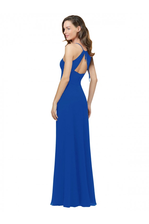 Sem Mangas Decote V Chiffon Azul Real Comprimento Chão Linha A Vestidos de Madrinha Mais Barato