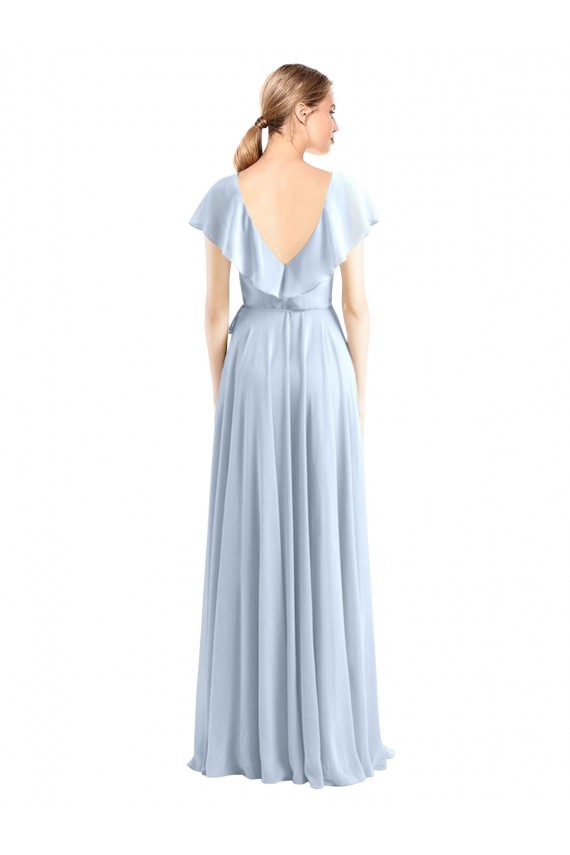 Mangas Esvoaçantes Decote V Chiffon Azul Real Comprimento Chão Vestidos de Madrinha Mais Barato