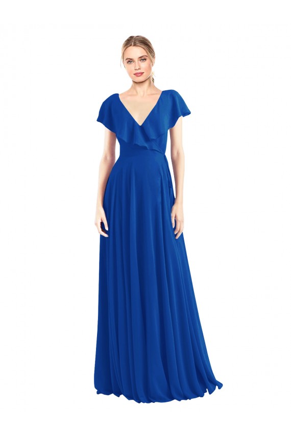 Mangas Esvoaçantes Decote V Chiffon Azul Real Comprimento Chão Vestidos de Madrinha Mais Barato