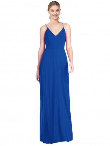 Sem Mangas Decote V Chiffon Azul Real Comprimento Chão Criss Cruz Longo Vestidos de Madrinha Mais Barato