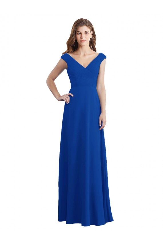 Sem Mangas Decote V Chiffon Azul Real Comprimento Chão Vestido de Madrinha Mais Barato