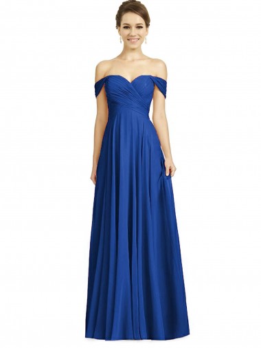 Mangas Curtas Amor Chiffon Azul Real Comprimento Chão Vestidos de Madrinha Mais Barato