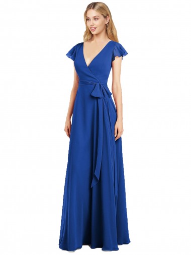 Mangas Esvoaçantes Decote V Chiffon Azul Real Comprimento Chão Linha A Vestidos de Madrinha Mais Barato