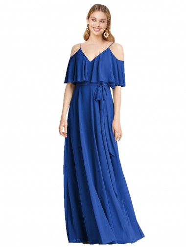 Ombro Frio Decote V Chiffon Azul Real Comprimento Chão Vestidos de Madrinha Mais Barato