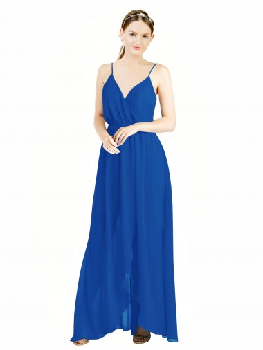 Sem Mangas Decote V Chiffon Azul Real Comprimento Chão Costas em V Longo Vestidos de Madrinha Mais Barato