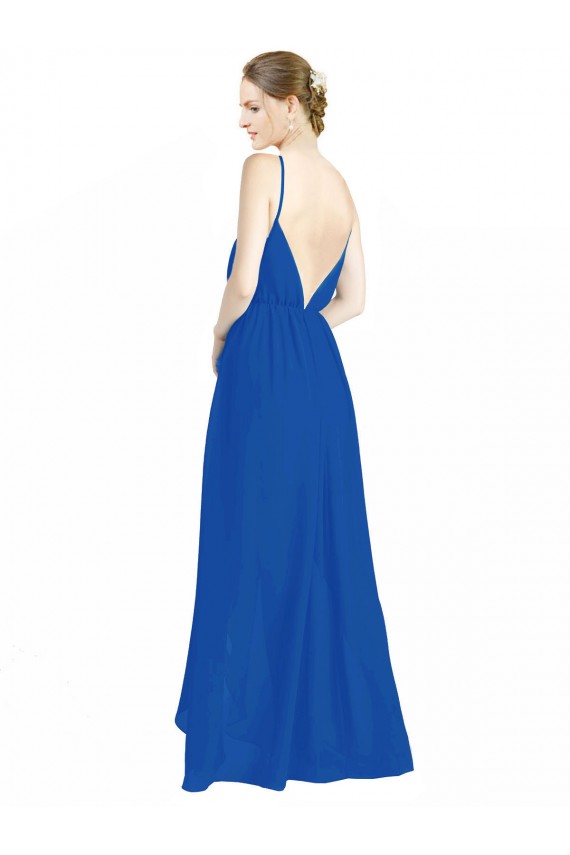 Sem Mangas Decote V Chiffon Azul Real Comprimento Chão Costas em V Longo Vestidos de Madrinha Mais Barato