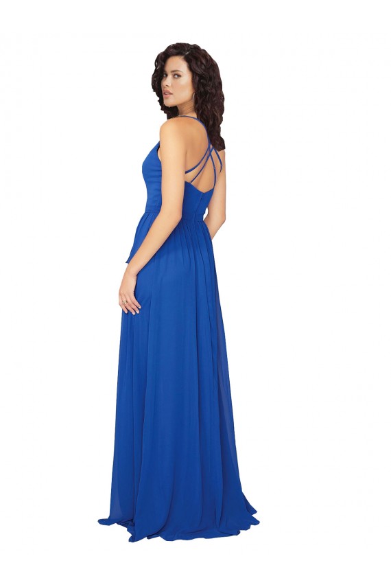 Sem Mangas Decote V Chiffon Azul Real Comprimento Chão Longo Criss Cruz Vestidos de Madrinha Mais Barato