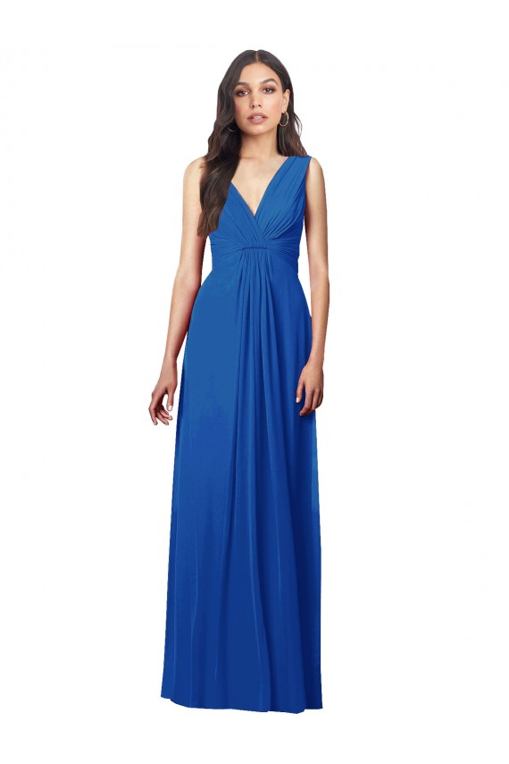 Sem Mangas Decote V Chiffon Azul Real Comprimento Chão Vestidos de Madrinha Mais Barato