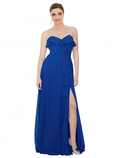 Sem Mangas Sem alças Chiffon Azul Real Comprimento Chão Vestidos de Festa / Vestidos de Madrinha Mais Barato