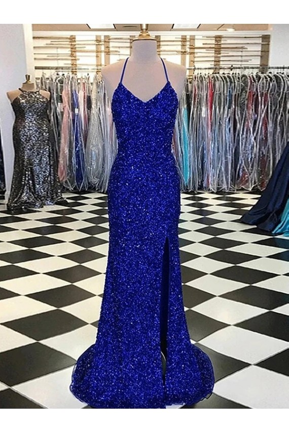 Sem Mangas Decote V Lantejoulas Veludo Azul Real Comboio Varredela Vestido de Noiva / Vestido de Festa Mais Barato