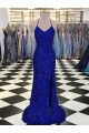 Sem Mangas Decote V Lantejoulas Veludo Azul Real Comboio Varredela Vestido de Noiva / Vestido de Festa Mais Barato