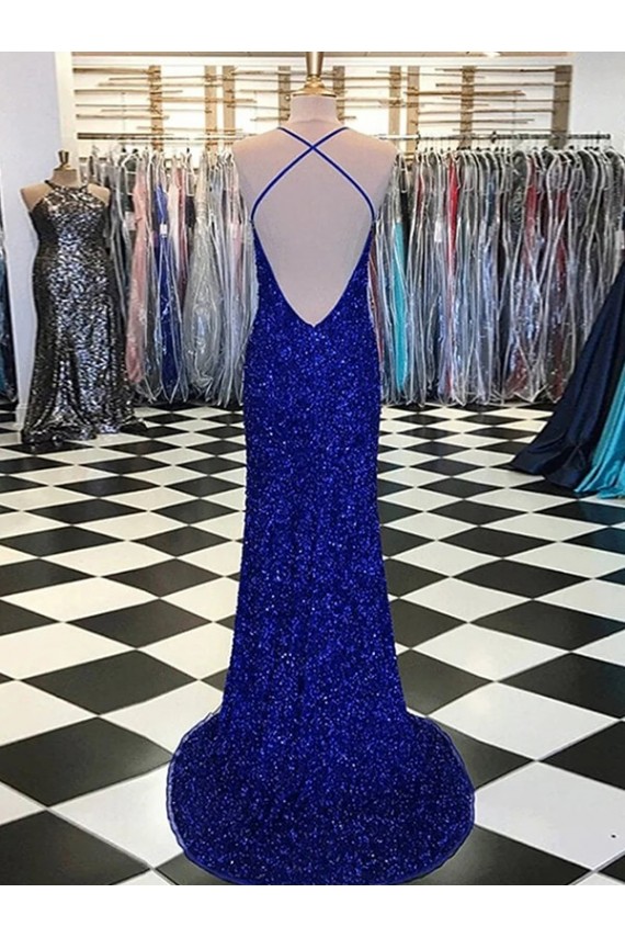Sem Mangas Decote V Lantejoulas Veludo Azul Real Comboio Varredela Vestido de Noiva / Vestido de Festa Mais Barato
