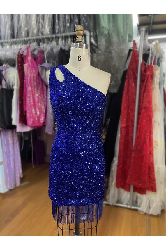 Sem Mangas Um Ombro Lantejoulas Veludo Azul Real Curto Vestidos de Festa Mais Barato