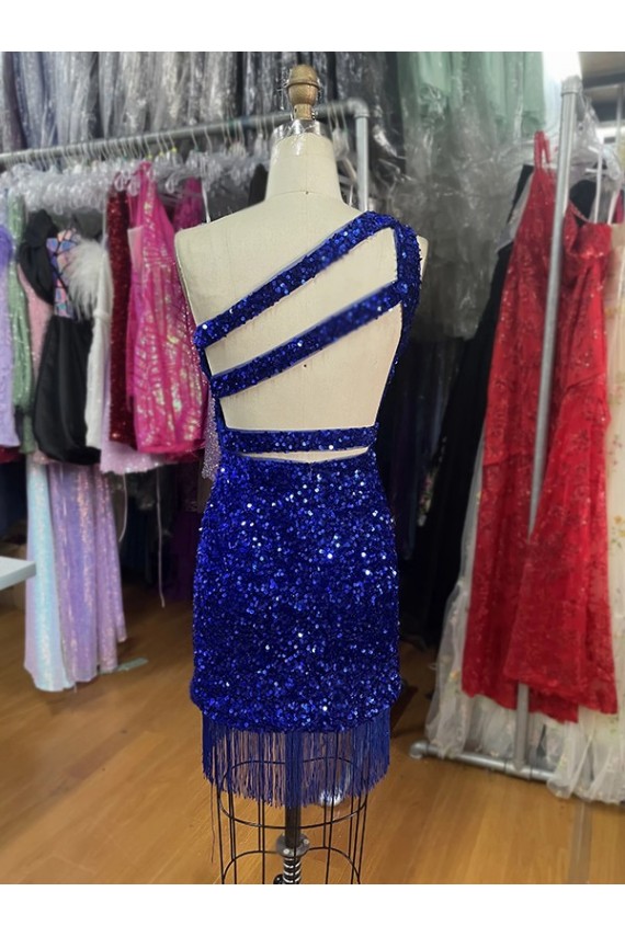 Sem Mangas Um Ombro Lantejoulas Veludo Azul Real Curto Vestidos de Festa Mais Barato