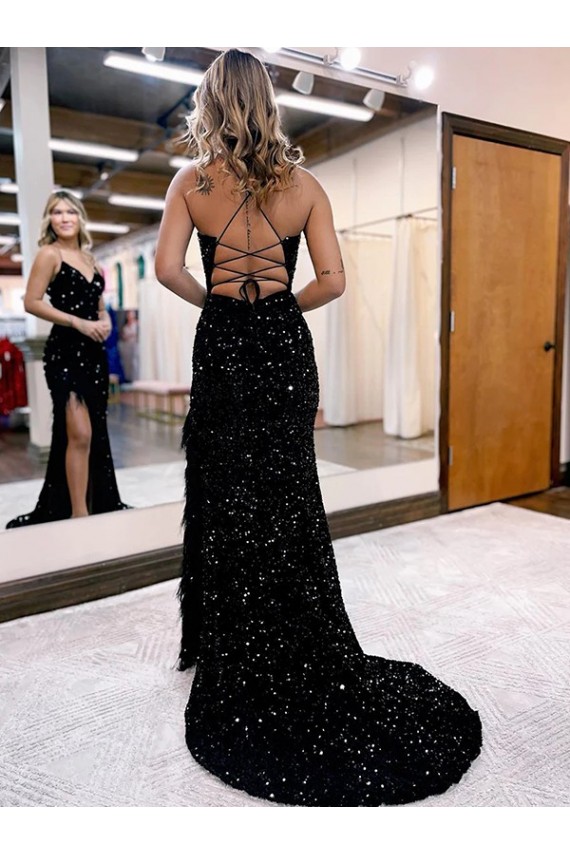 Sem Mangas Decote V Lantejoulas Veludo Azul Real Comboio Varredela Vestido de Festa / Vestido de Madrinha Mais Barato
