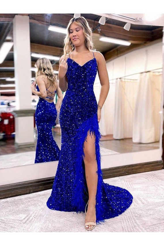 Sem Mangas Decote V Lantejoulas Veludo Azul Real Comboio Varredela Vestido de Festa / Vestido de Madrinha Mais Barato