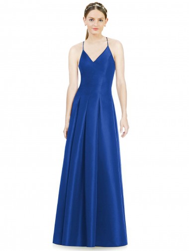 Sem Mangas Decote V Cetim Azul Real Comprimento Chão Vestidos de Madrinha Mais Barato