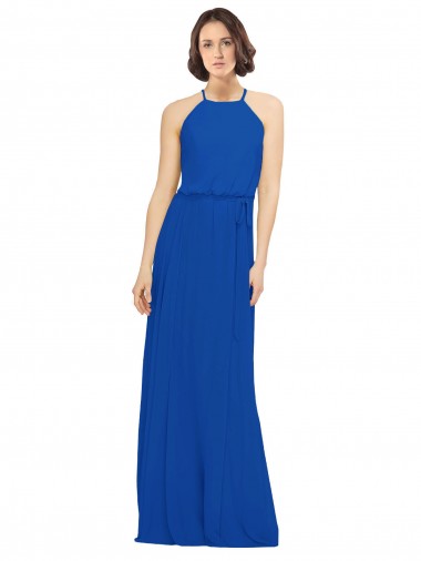 Sem Mangas Decote Joia Chiffon Azul Real Comprimento Chão Vestidos de Madrinha Mais Barato
