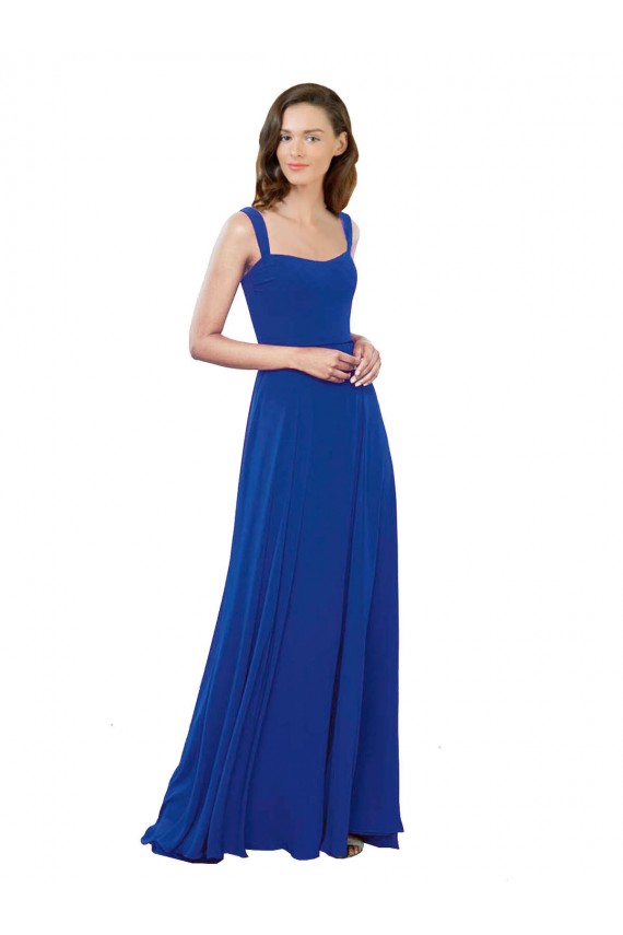 Sem Mangas Decote Quadrado Chiffon Azul Real Comprimento Chão Vestidos de Madrinha Mais Barato