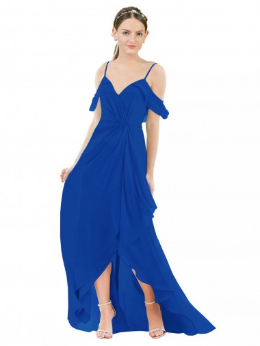 Ombro Frio Decote V Chiffon Azul Real Alto Baixo Alto Baixo, Vestidos de Madrinha Mais Barato