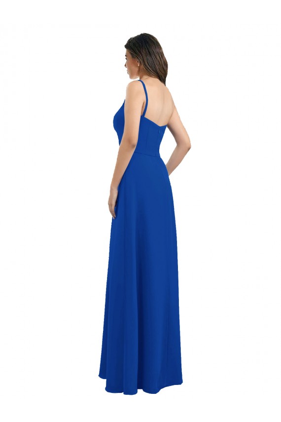 Sem Mangas Um Ombro Chiffon Azul Real Comprimento Chão Vestidos de Madrinha Mais Barato
