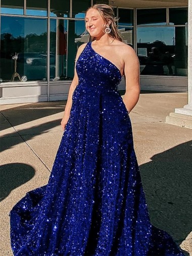 Sem Mangas Um Ombro Lantejoulas Veludo Azul Real Comboio Varredela Vestidos de Festa Mais Barato