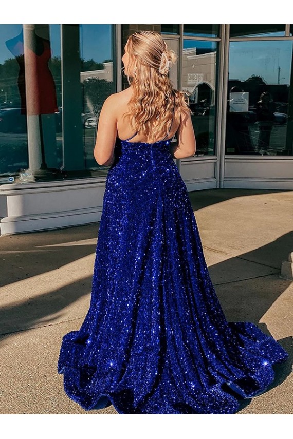 Sem Mangas Um Ombro Lantejoulas Veludo Azul Real Comboio Varredela Vestidos de Festa Mais Barato